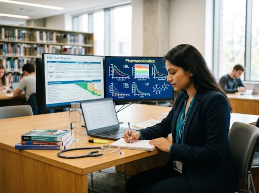 Pharmacy graduate studying a clinical blueprint at a desk