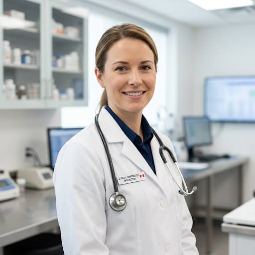 Clinical pharmacist in a white coat in a modern pharmacy